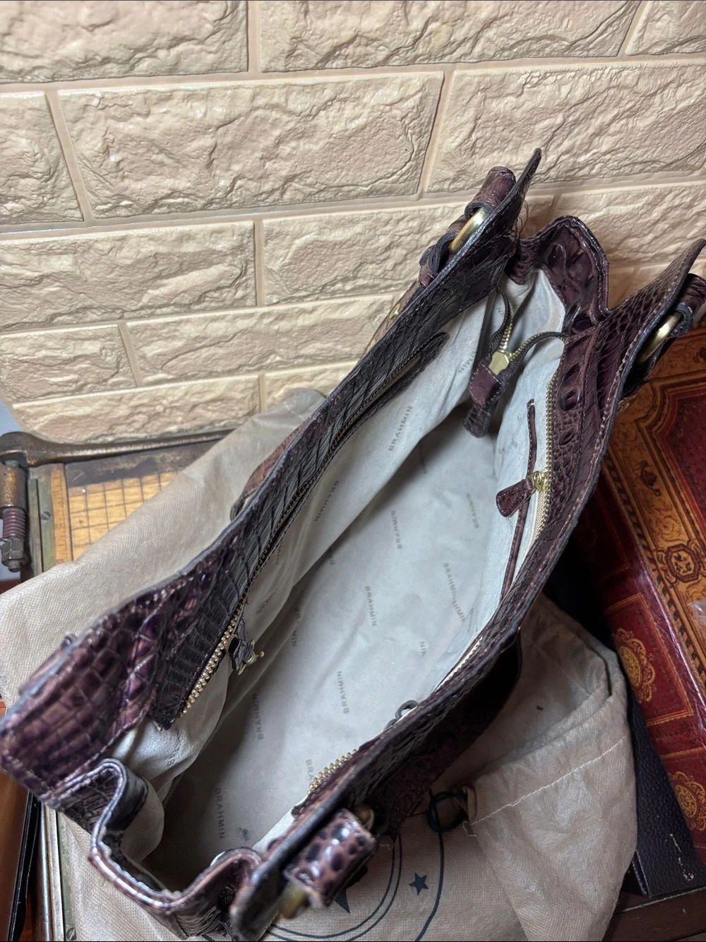 Brahmin Croc-Embossed Leather Shoulder Bag in Dark Brown w Burgundy Tones